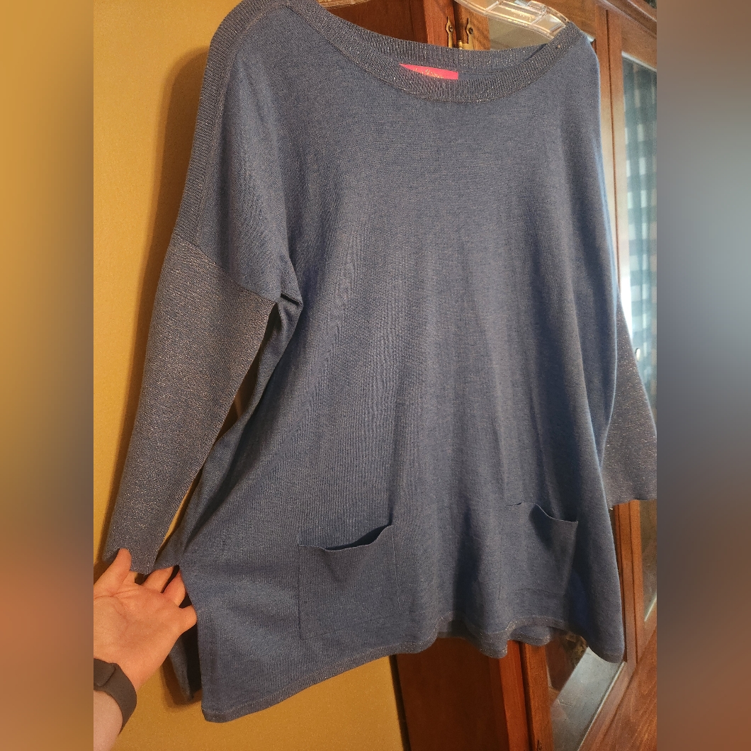 Lilly Pulitzer Cobo Metallic Blue Boat Neck Oversized Sweater